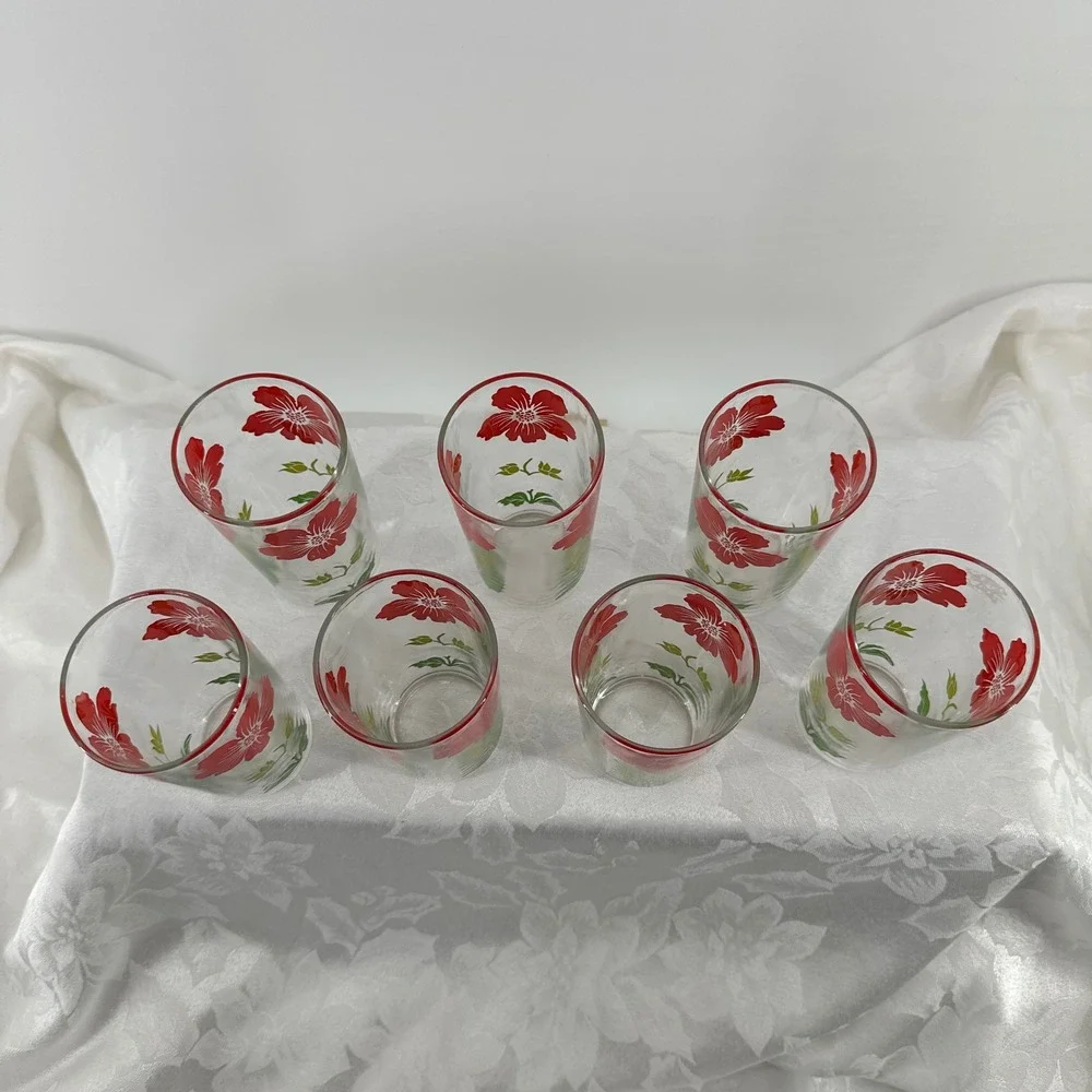 Vintage Federal Glass Tumblers Floral Set 7 Excellent Mid Century Modern Retro
